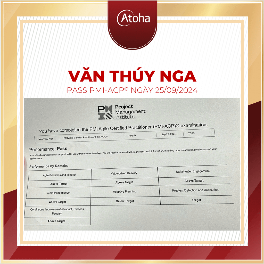 Văn Thúy Nga, PMI-ACPONLINEPRO28, pass PMI-ACP ngày 25/09/2024 – Atoha