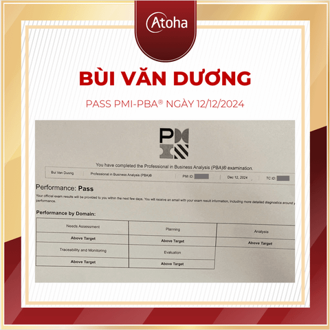 Bùi Văn Dương, PMI-PBAONLINEPRO14, pass PMI-PBA® ngày 12/12/2024