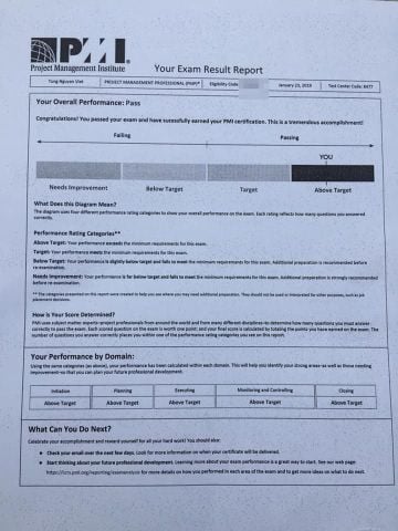 Nguyen Viet Tung - Học viên 1000PMP® pass PMP 24/01/2019 on the first try với kết quả 5 Above Target!