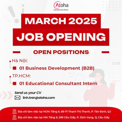 CƠ HỘI VIỆC LÀM THÁNG 3 TẠI ATOHA INSTITUTE - HỌC HỎI CHUYÊN SÂU & PHÁT TRIỂN BỀN VỮNG