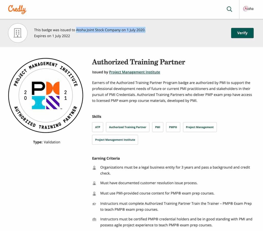 Atoha Authorized Training Partner Premier