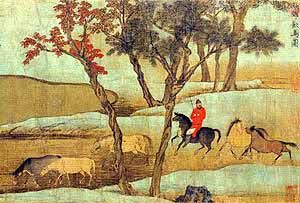 Mùa thu cho ngựa uống nước ở ngoại thành (Thu giao ẩm mã đồ 秋郊飲馬圖)- Triệu Mạnh Phủ