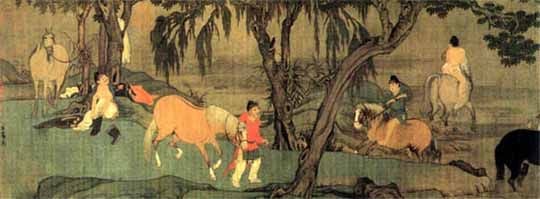 Tắm ngựa (Dục mã đồ 浴馬圖)- Triệu Mạnh Phủ đời Nguyên