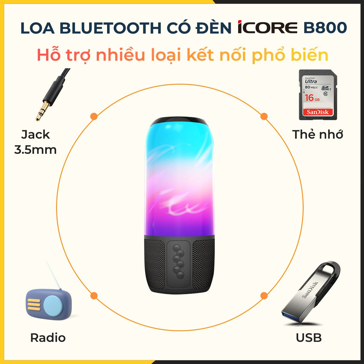 Loa Bluetooth có đèn iCore B800
