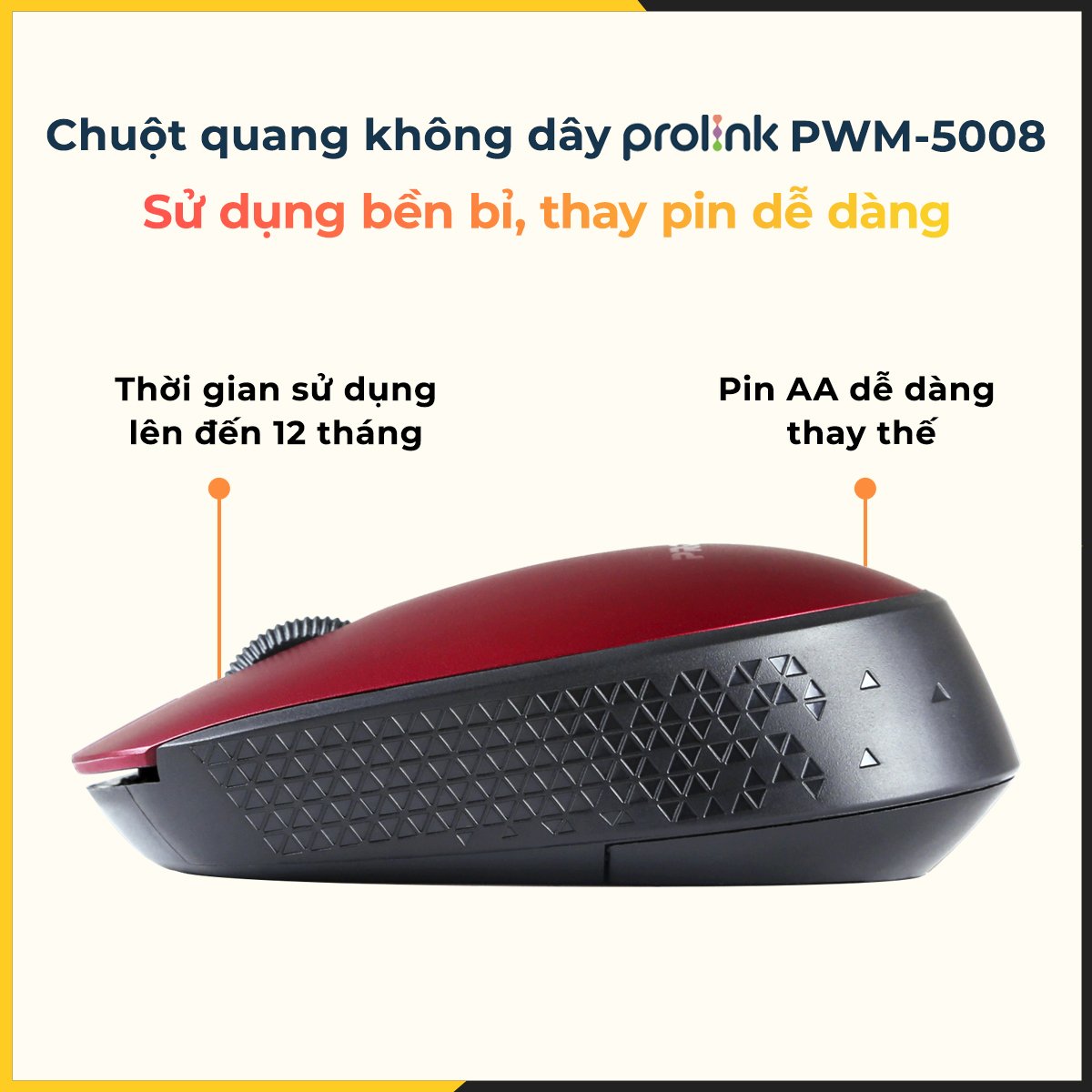 Chuột quang không dây Prolink PWM5008 Sử dụng bền bỉ, thay pin dễ dàng