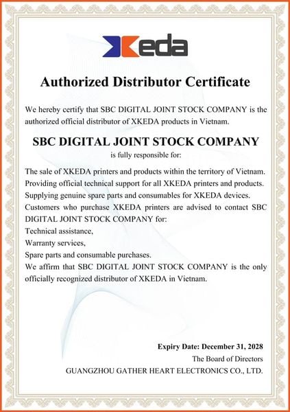 giấy chứng nhận SBC đại lý độc quyền Máy in Xkeda tại Việt Nam