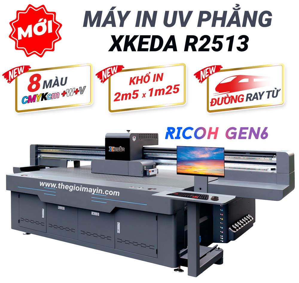 máy in uv phẳng 2m5 x 1m3 Xkeda đầu ricoh gen 5, gen 6 mới