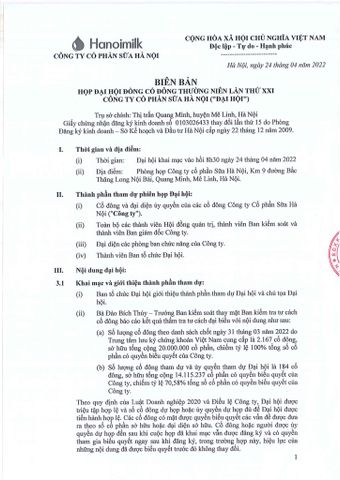 BIÊN BẢN HỌP ĐẠI HỘI ĐỒNG CỔ ĐÔNG THƯỜNG NIÊN LẦN THỨ XXI CÔNG TY CỔ PHẦN SỮA HÀ NỘI (