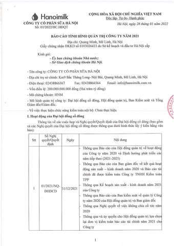 BÁO CÁO TÌNH HÌNH QUẢN TRỊ CÔNG TY CỔ PHẦN SỮA HÀ NỘI NĂM 2021