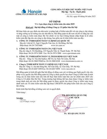 TỜ TRÌNH LỰA CHỌN CÔNG TY KIỂM TOÁN CHO NĂM 2025