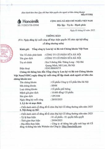 THÔNG BÁO SỐ 04/2025/TB-HNM: VỀ NGÀY ĐĂNG KÝ CUỐI CÙNG ĐỂ  THỰC HIỆN QUYỀN TỔ CHỨC ĐẠI HỘI ĐỒNG CỔ ĐÔNG THƯỜNG NIÊN