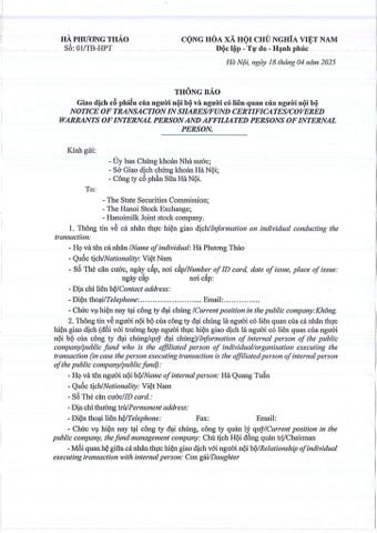 Hà Phương Thảo - người có liên quan đến Chủ tịch HĐQT - đăng ký mua 10.000.000 CP