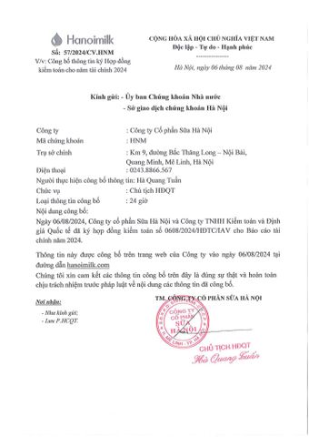 CV SỐ: 57/2024/CV.HNM CÔNG BỐ THÔNG TIN KÝ HỢP ĐỒNG KIỂM TOÁN CHO NĂM TÀI CHÍNH 2024