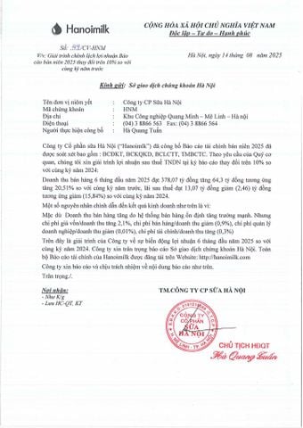 CV SỐ: 44/CV-HNM GIẢI TRÌNH CHÊNH LỆCH LỢI NHUẬN BÁO CÁO BÁN NIÊN 2025 THAY ĐỔI TRÊN 10% SO VỚI CÙNG KỲ NĂM TRƯỚC