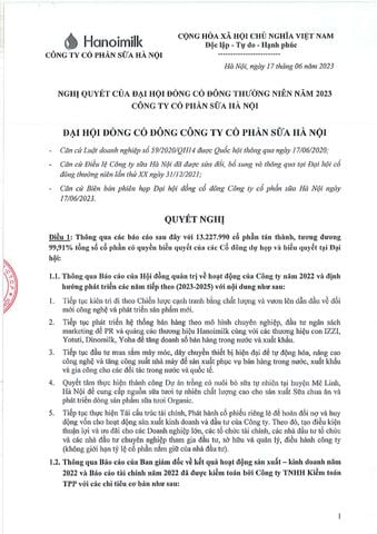 NGHỊ QUYẾT CỦA ĐẠI HỘI ĐỒNG CỔ ĐÔNG THƯỜNG NIÊN NĂM 2023 CÔNG TY CỔ PHẦN SỮA HÀ NỘI