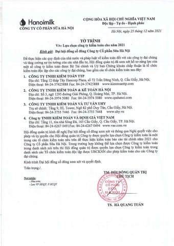 TỜ TRÌNH: LỰA CHỌN CÔNG TY KIỂM TOÁN CHO NĂM 2021