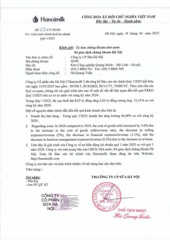 CÔNG VĂN SỐ: 24/CV-HNM VỀ VIỆC GIẢI TRÌNH CHÊNH LỆCH LỢI NHUẬN QUÝ 1/2025