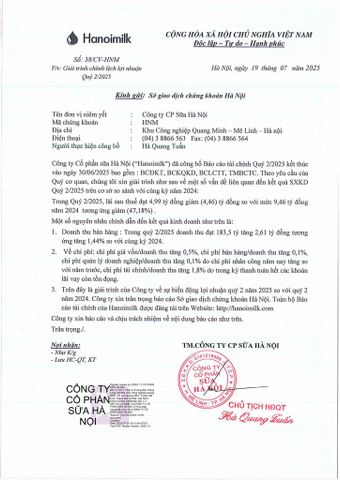 CV SỐ: 38/CV-HNM GIẢI TRÌNH CHÊNH LỆCH LỢI NHẬN QUÝ 2/2025