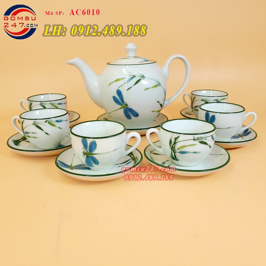 Bộ ấm chén men kem dáng minh long vẽ chuồn tre