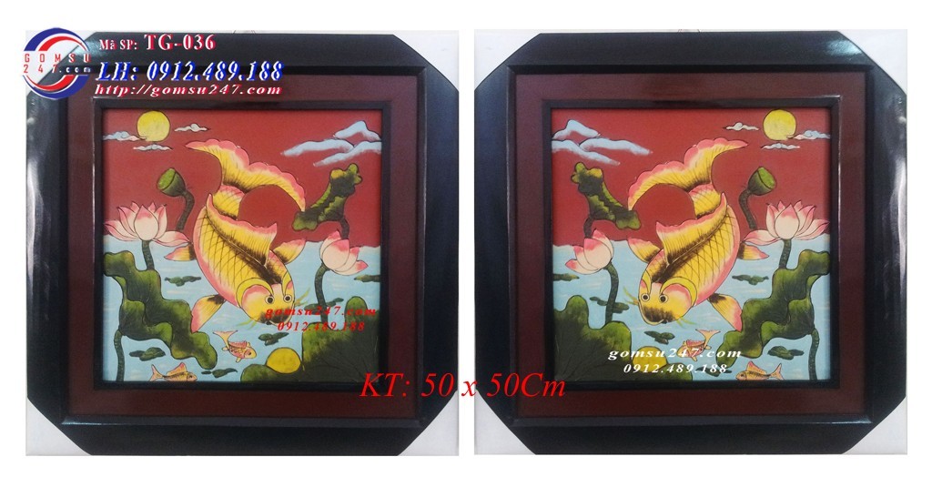 Tranh gốm sứ Bát Tràng - Cặp tranh Lý Ngư Vọng Nguyệt - Khổ tranh 50x50 Cm