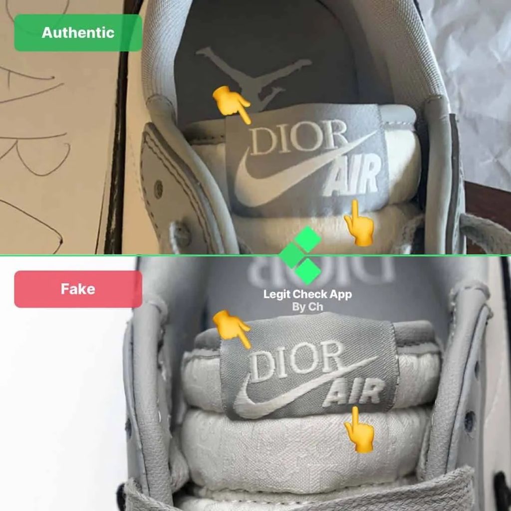 Legit Check By Ch  In the real vs fake Dior Air Jordan 1 image above we  have once again drawn a green line for the legit shoes and a red line