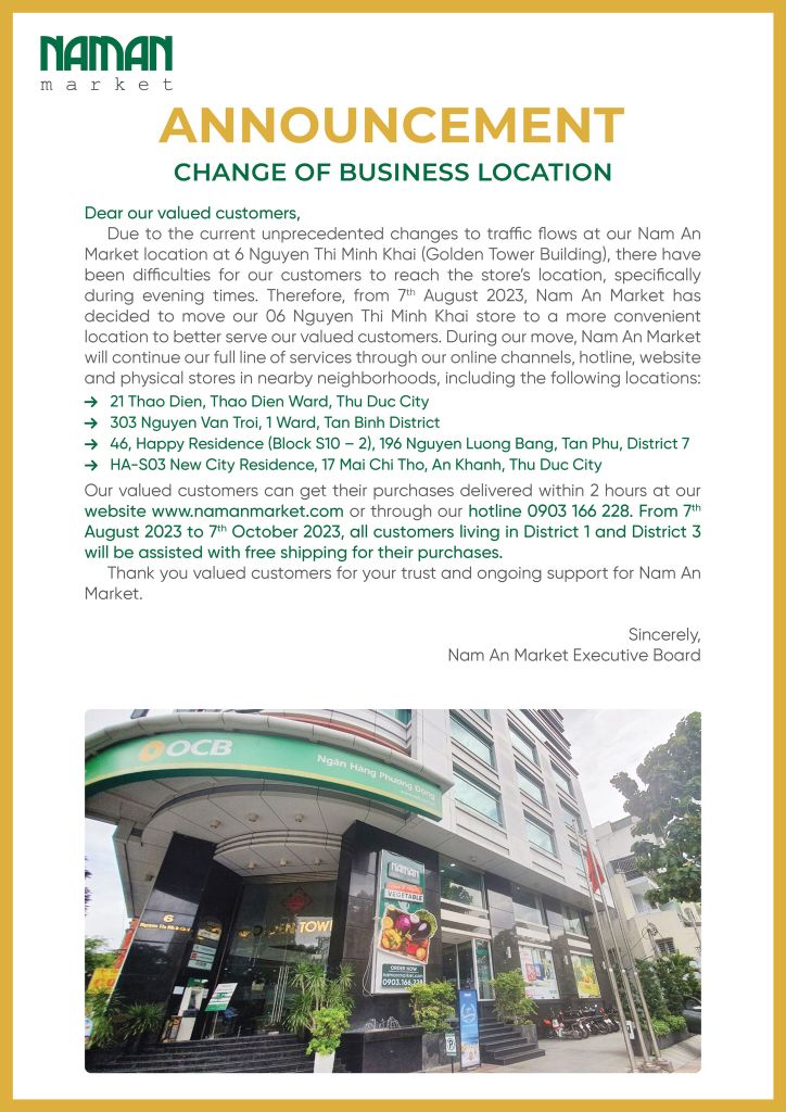 ANNOUNCEMENT OF CHANGE OF BUSINESS LOCATION