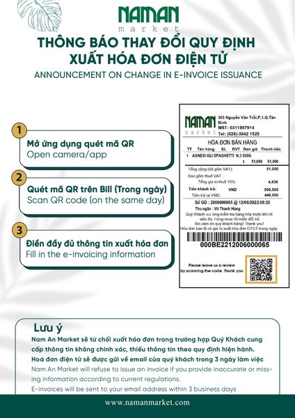 NAM AN MARKET THÔNG BÁO THAY ĐỔI QUY ĐỊNH XUẤT HÓA ĐƠN ĐIỆN TỬ