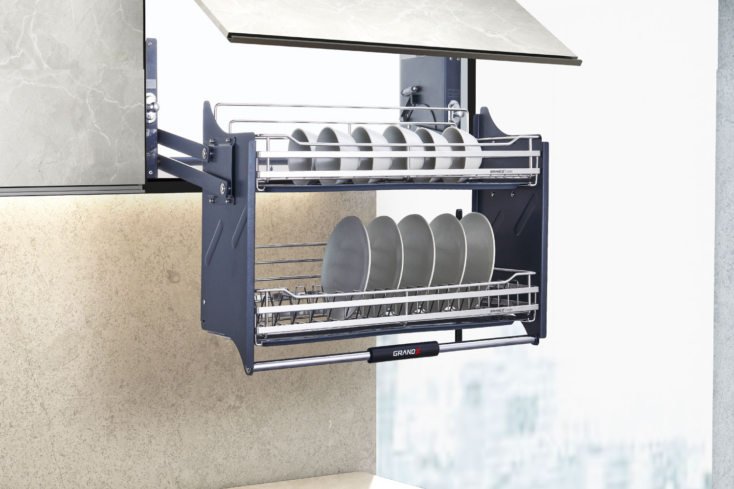 Giá bát nâng hạ GRANDX – Phụ kiện tủ bếp thông minh cao cấp cho gian bếp hiện đại