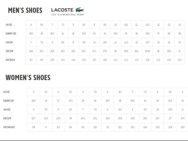 Bảng size dành cho giày Lacoste