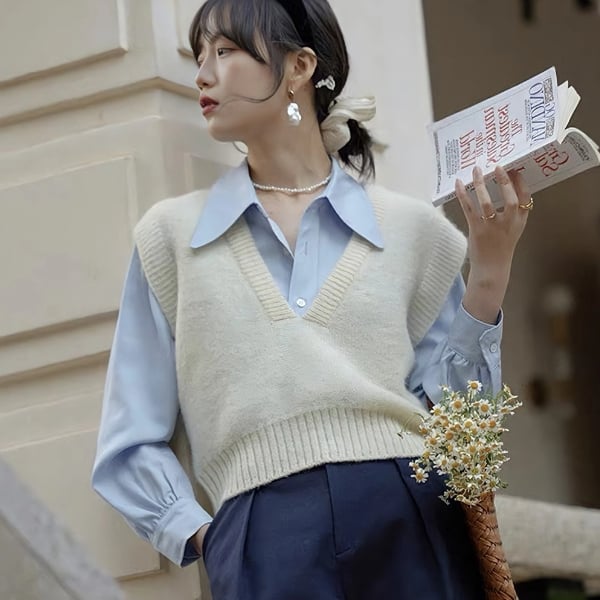 Áo gile len kết hợp với áo sơ mi