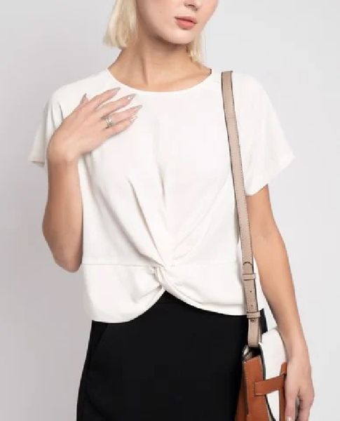 Áo kiểu nữ cổ tròn tay ngắn xoắn eo thời trang