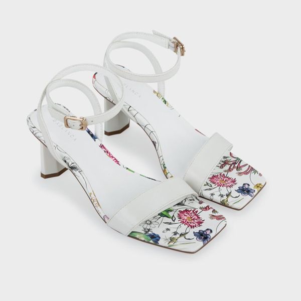 Giày Sandal cao gót đế vuông 5cm họa tiết hoa