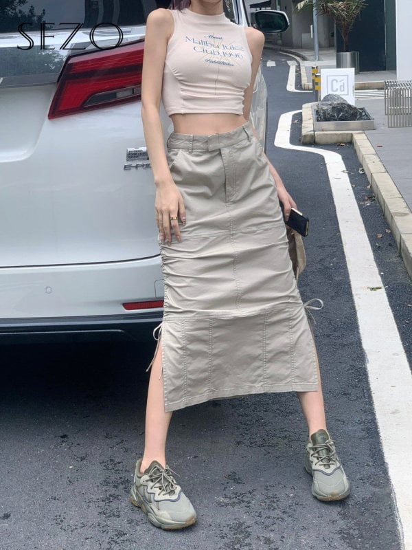 Áo croptop dài tay mix chân váy túi hộp dài