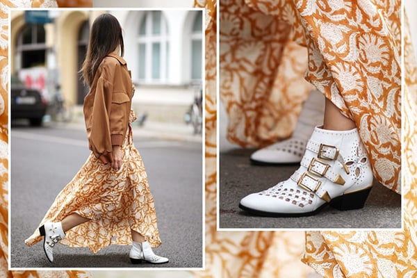 Mix giày boot nữ cổ thấp cùng váy hoa vintage