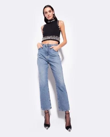 Áo sát nách đính đá với quần jeans suông PINKO
