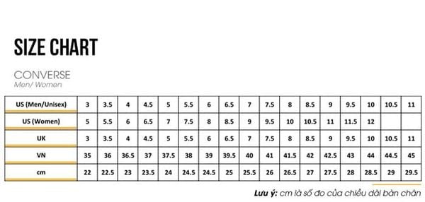Size giày Converse