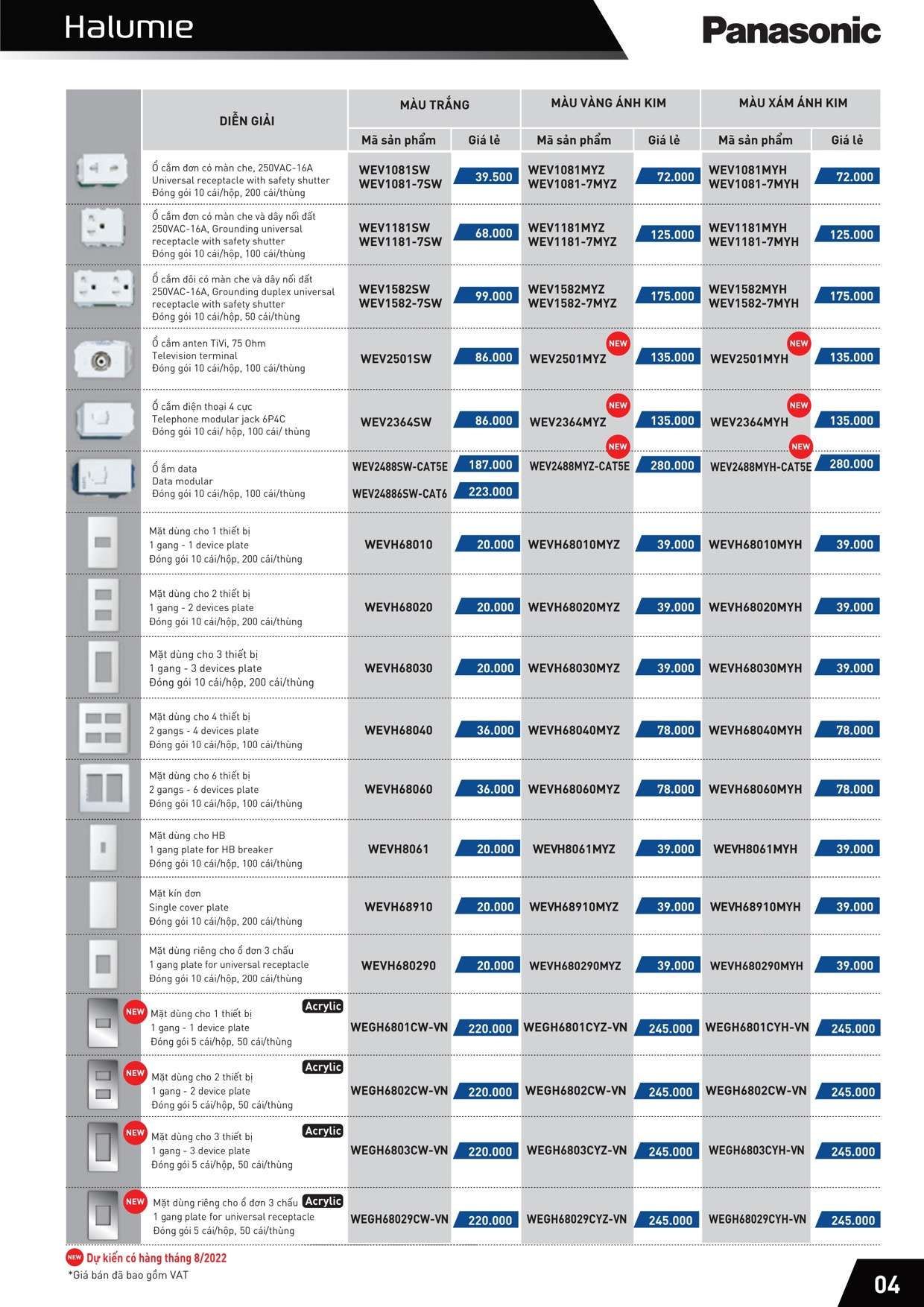 Catalogue Bảng giá công tắc ổ cắm Halumie Panasonic 