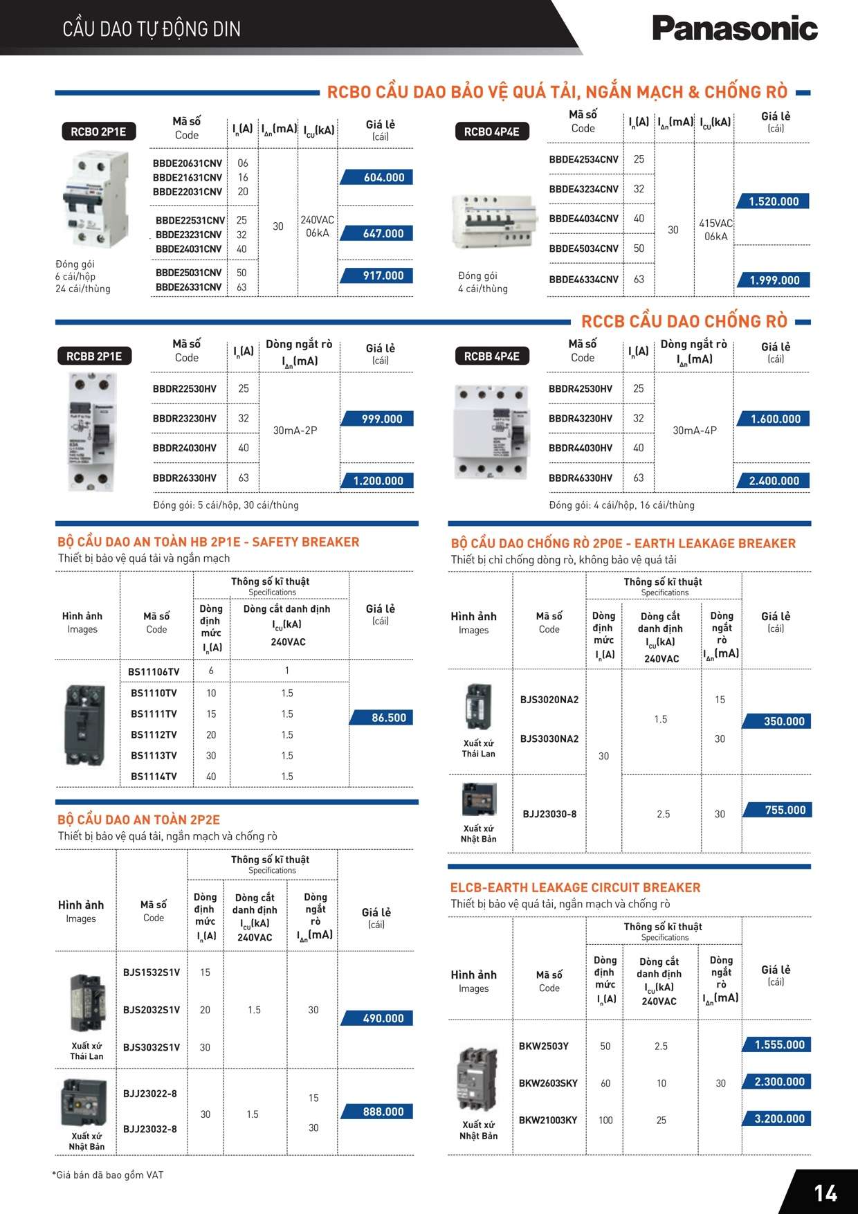 Catalogue Bảng giá Cầu dao tự động DIN MCCB, RCCB, HB, CB Panasonic 