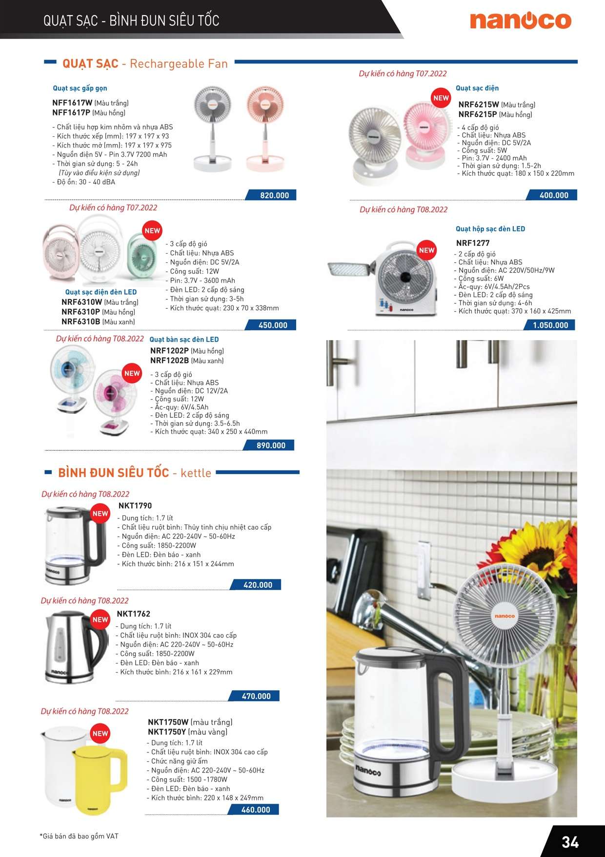 Catalogue Bảng giá Quạt sạc, bình đun sieu tốc Nanoco 
