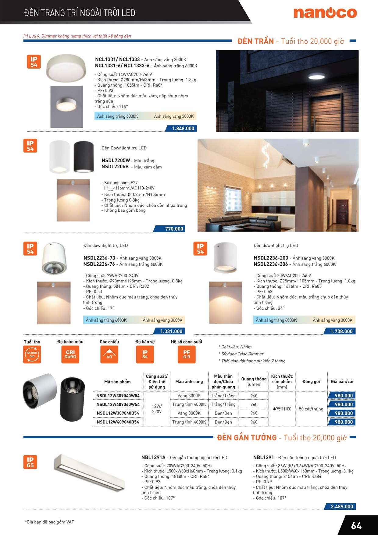 Catalogue Bảng giá Đèn led trang trí ngoài trời, đèn trần, đèn gắn tường, đèn sân vườn, đèn lối đi Nanoco66