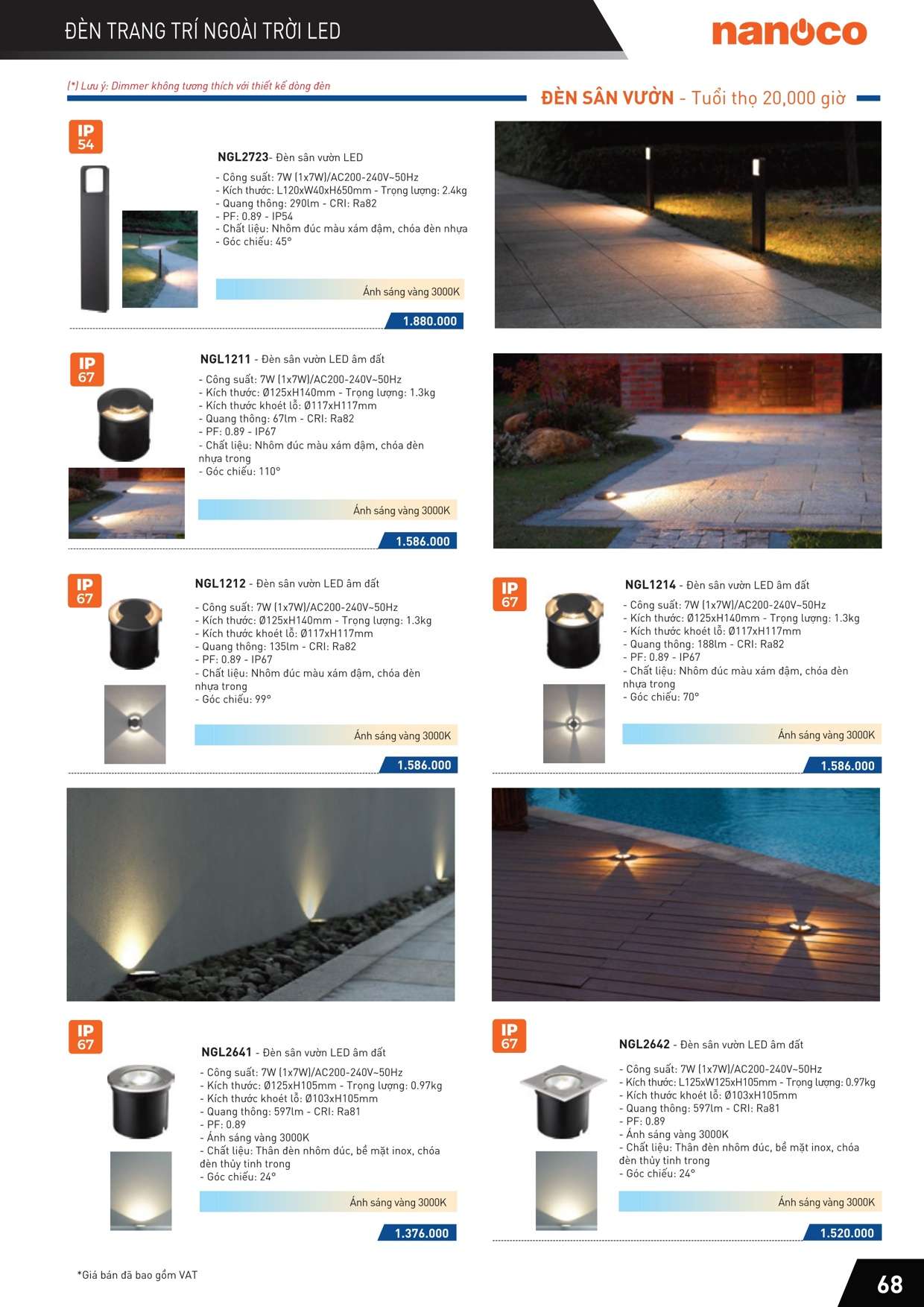 Catalogue Bảng giá Đèn led trang trí ngoài trời, đèn trần, đèn gắn tường, đèn sân vườn, đèn lối đi Nanoco70