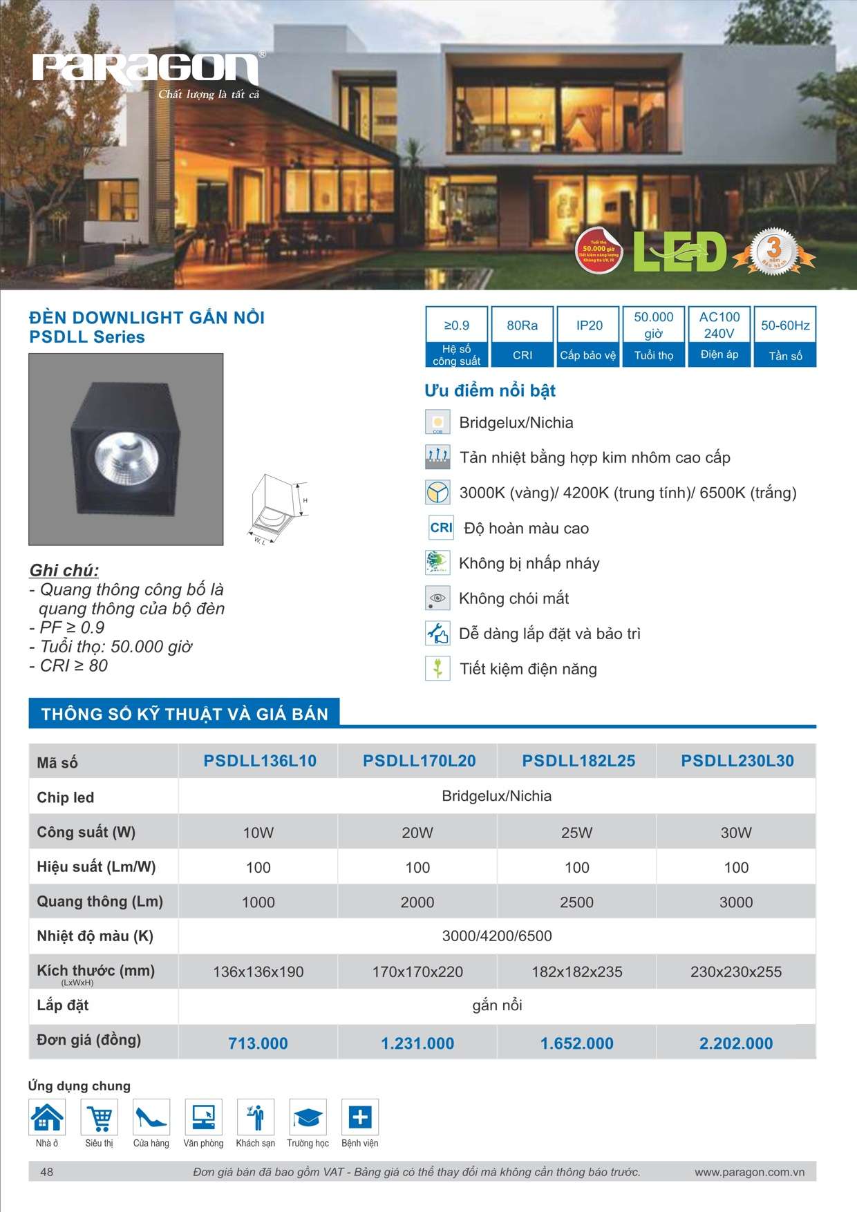 Catalogue Bảng giá Đèn downlight gắn nổi PSDLL Series Paragon - Trang 48