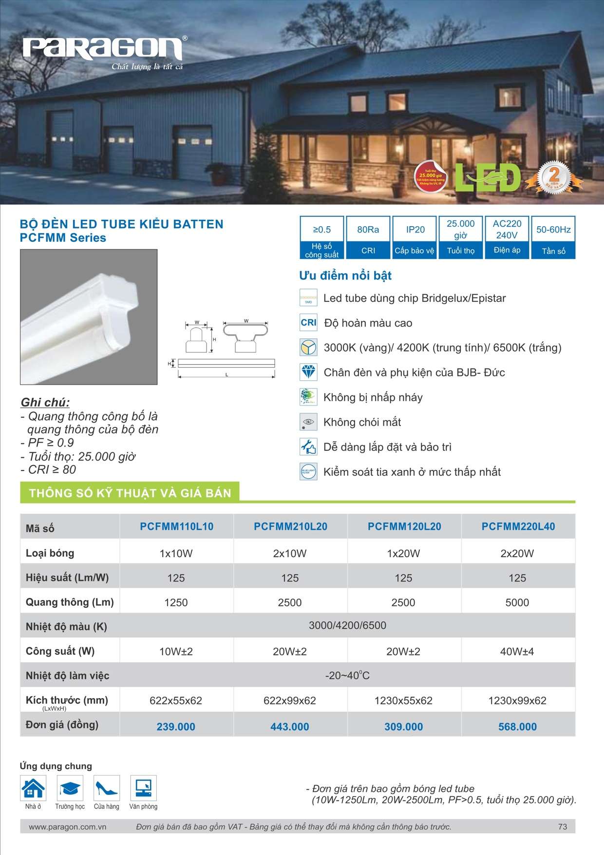 Catalogue Bảng giá Bộ đèn led tube kiểu batten PCFMM Series Paragon - Trang 73