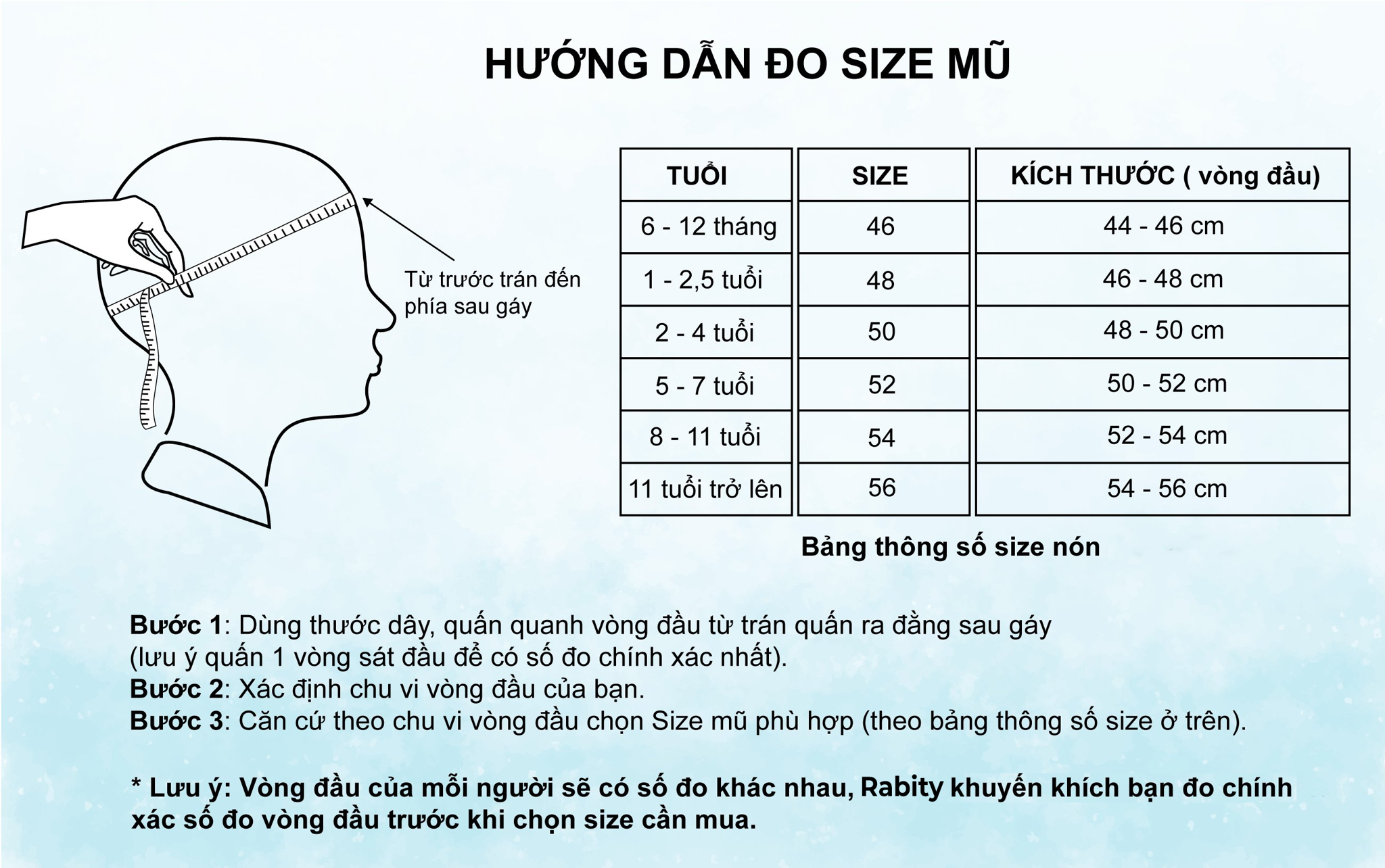 Bảng size mũ cói bé gái Rabity 971.018