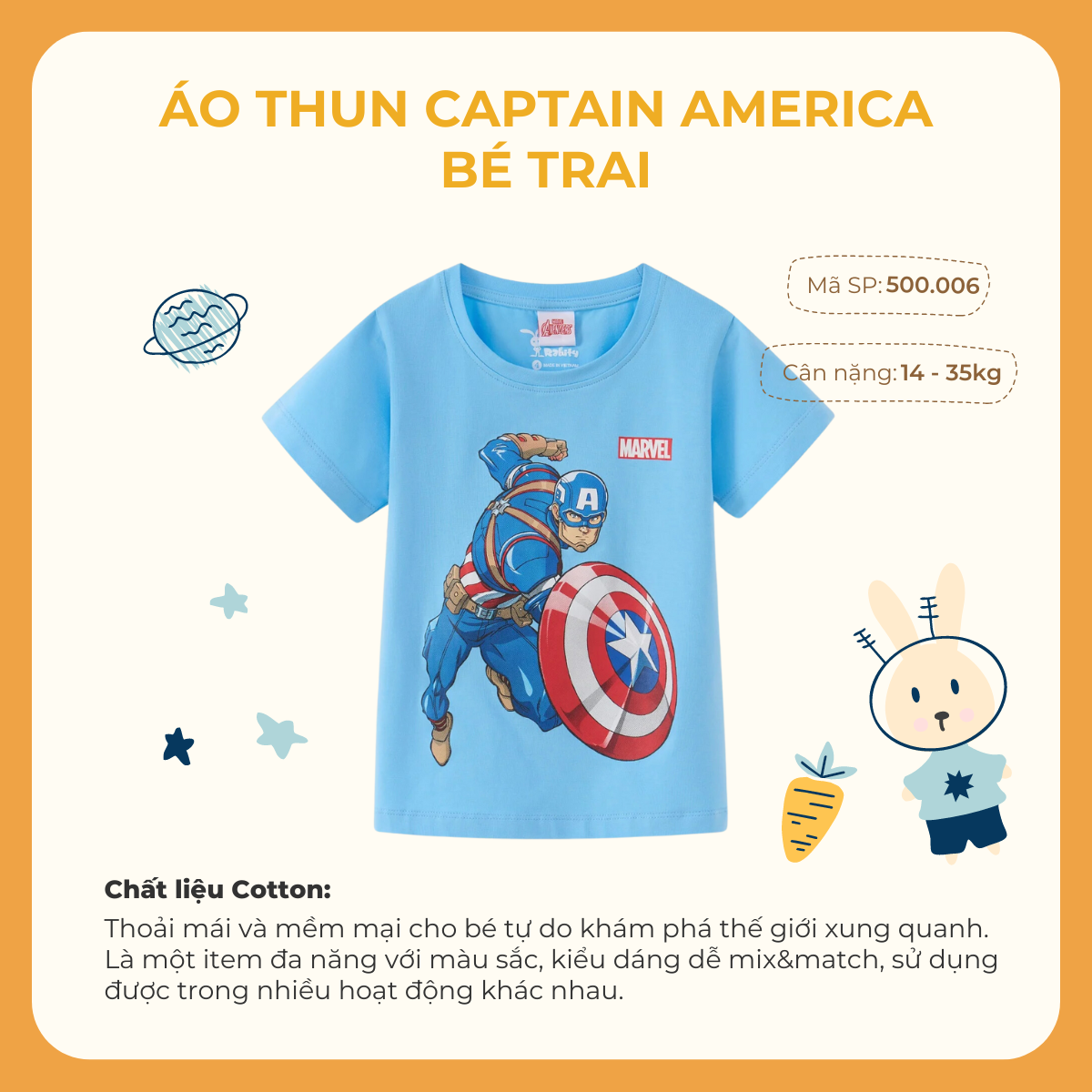 Áo thun ngắn tay Đội trưởng Mỹ Captain America bé trai Rabity 500.006