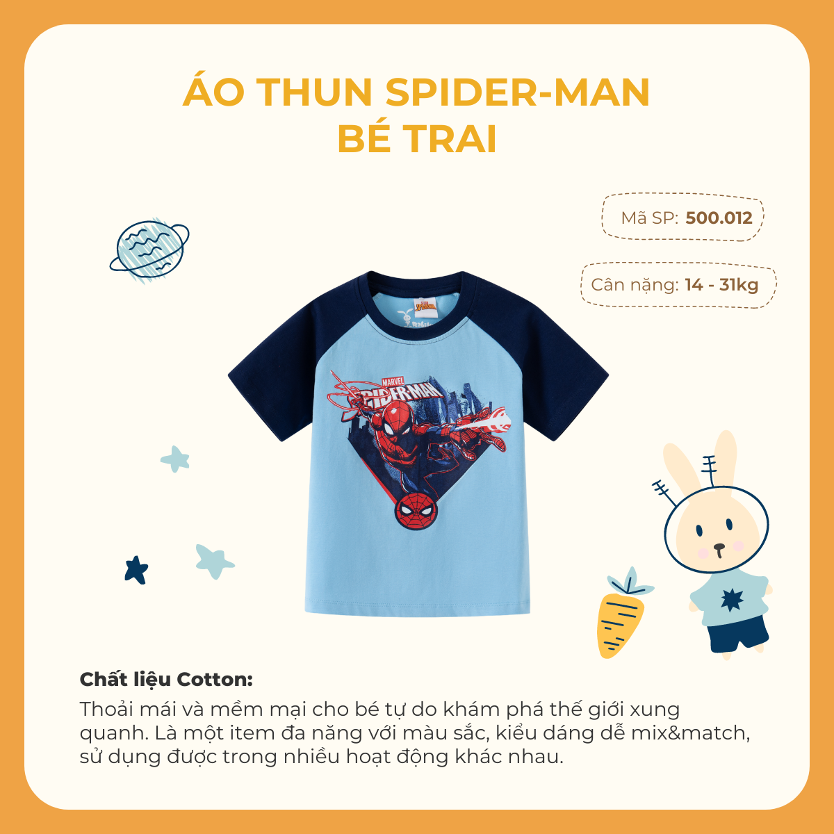 Áo thun ngắn tay Spider-man bé trai Rabity 500.012