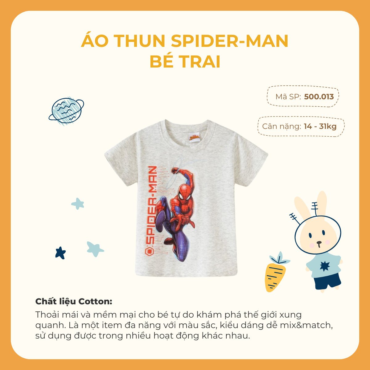 Áo thun ngắn tay Spider-man bé trai Rabity 500.013