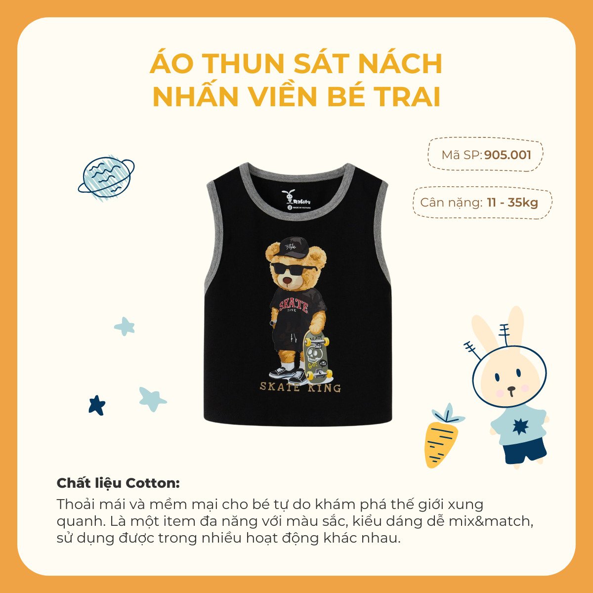 Áo thun sát nách ba lỗ nhấn viền bé trai Rabity 905.001