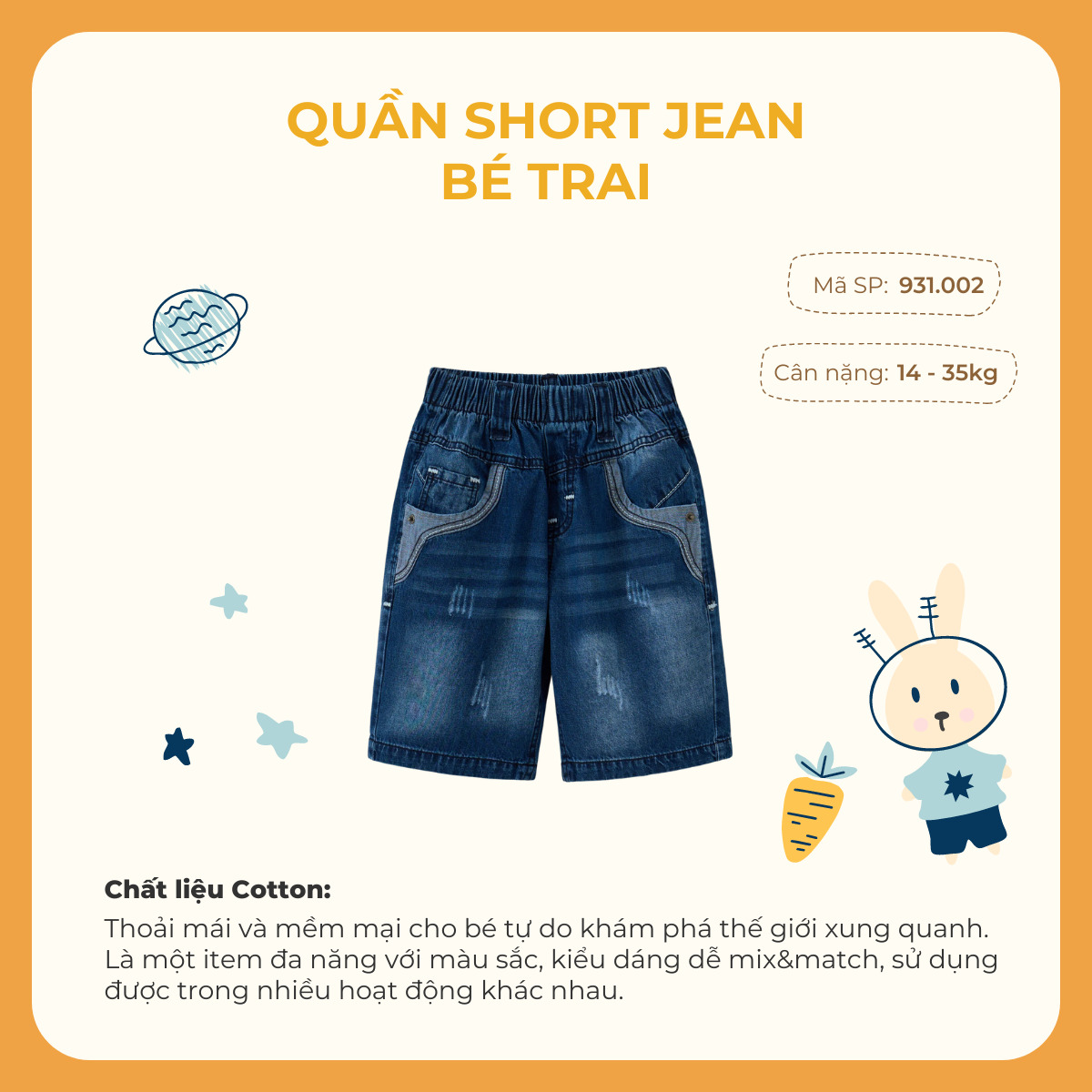 Quần short jean bé trai Rabity 931.002