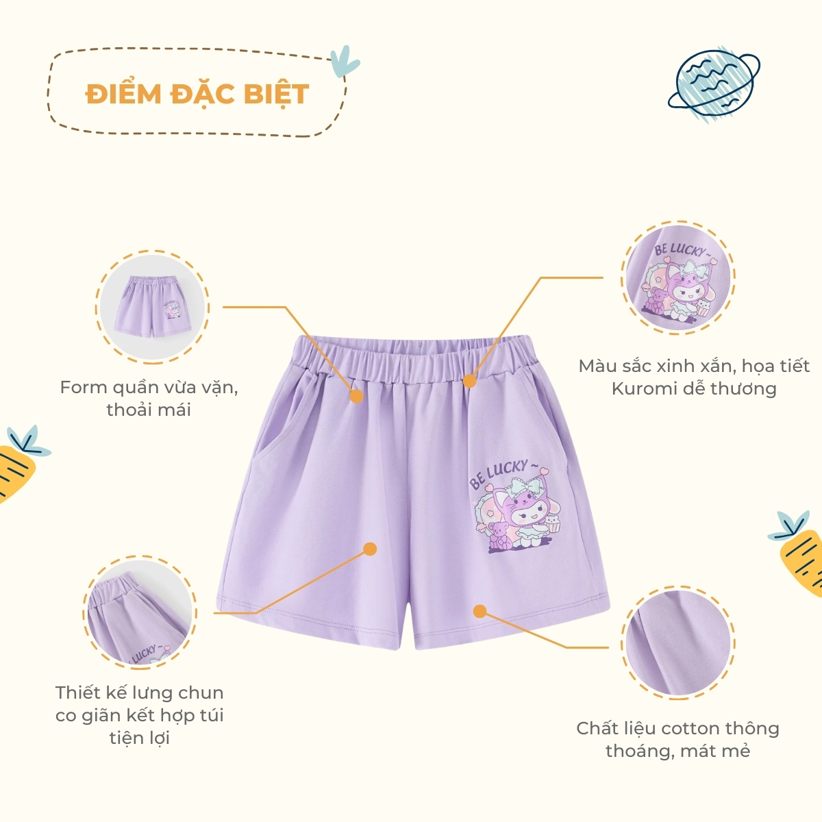 Đặc điểm Quần short thun Kuromi bé gái 933.008